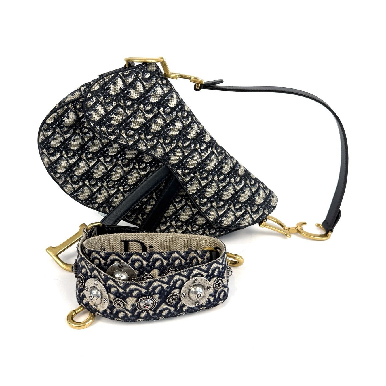 Dior Saddle Bag Navy/Beige Monogram Gold Hardware Zipper Detachable Strap