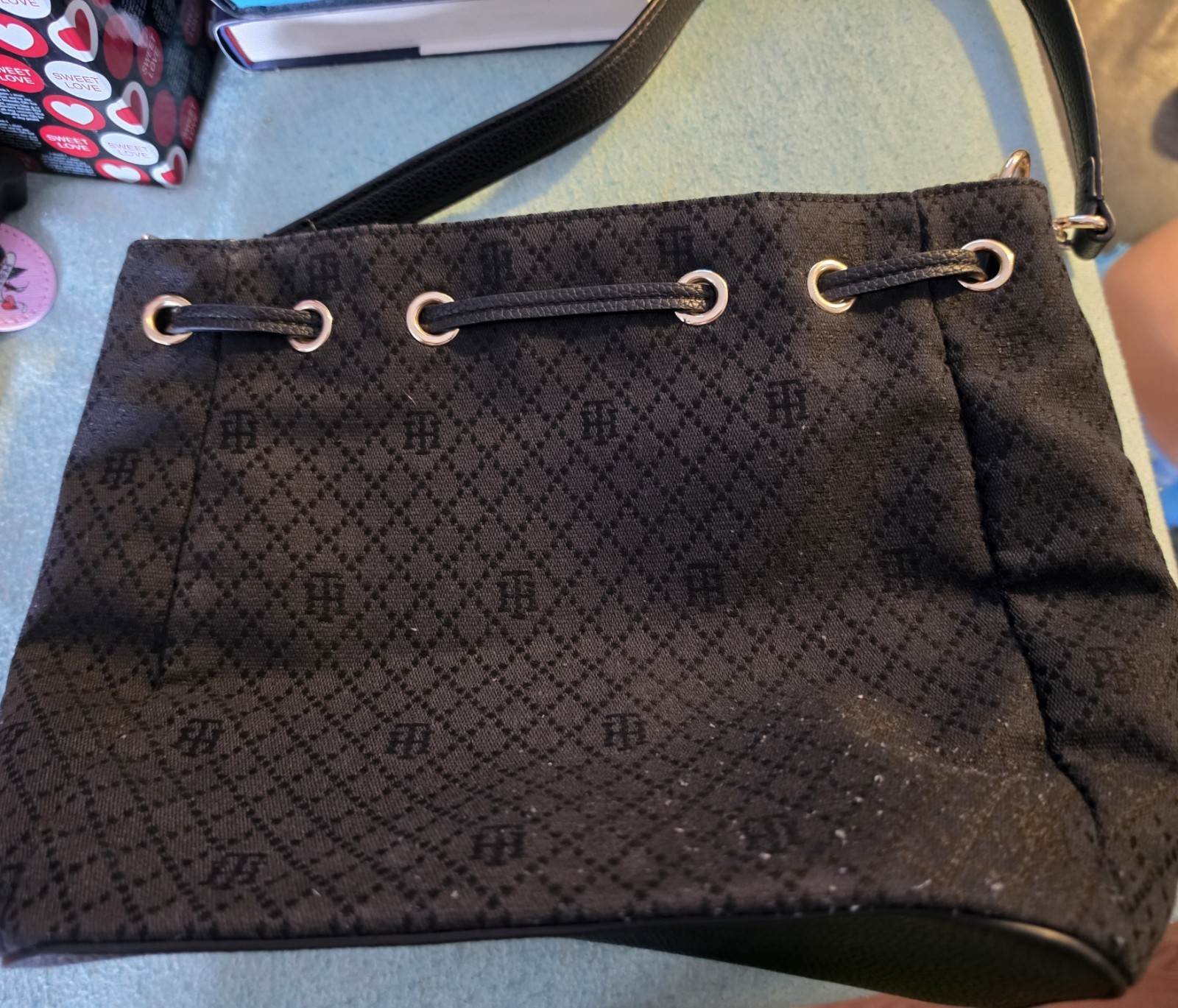Tommy Hilfiger Black Monogram Drawstring Bucket Bag, Medium, Detachable Strap