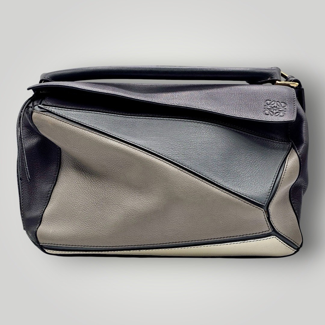 Loewe Puzzle Medium Leather Bag Black Gray Top Handle Crossbody Gold HW