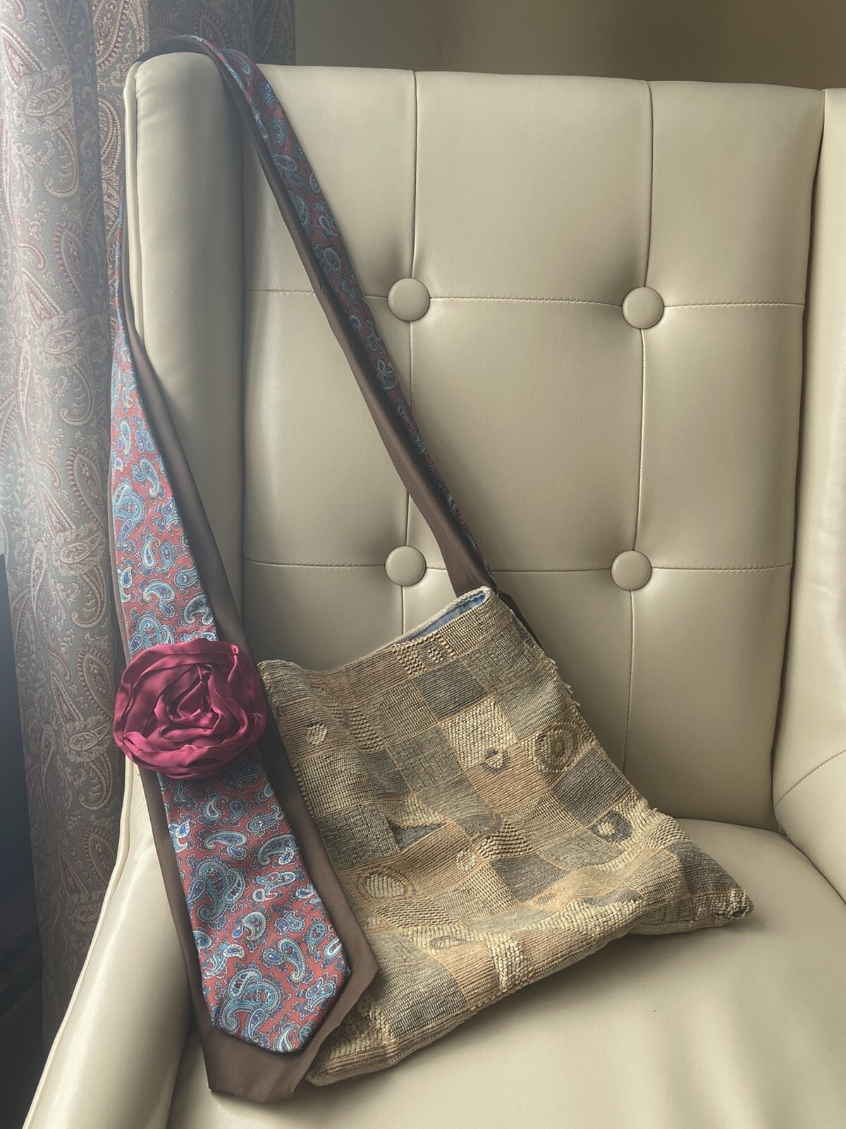 Handmade Tote Bag Woven Fabric Unique Silk Tie Straps Messenger Neutral Red Blue