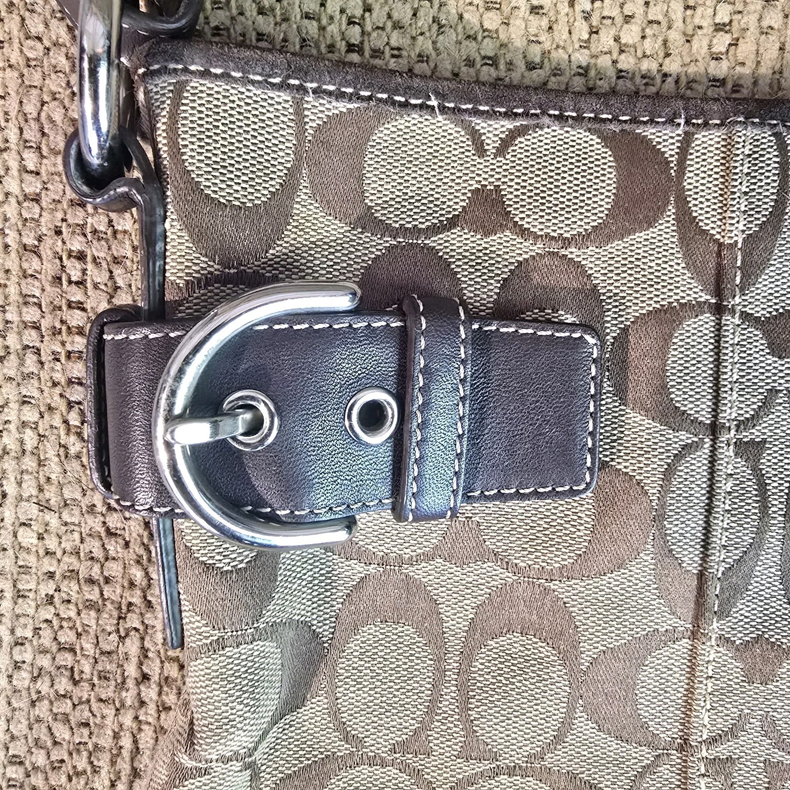 Coach Signature Brown Beige Shoulder Bag Zip Top Silver Hardware
