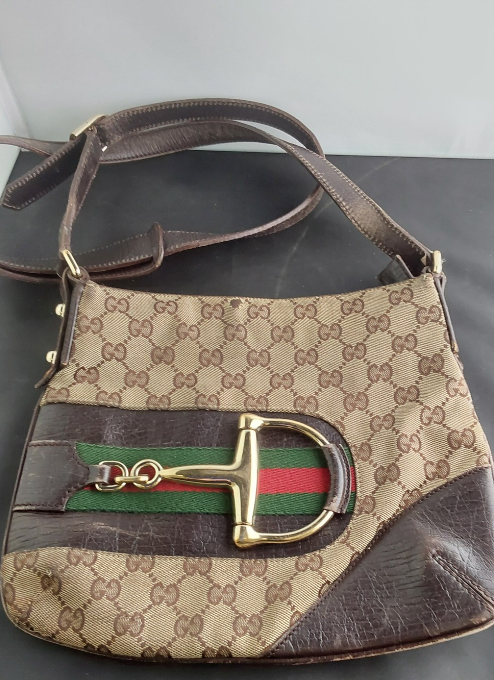 GUCCI Horsebit Vintage Shoulder Bag GG Canvas Leather Used Woman