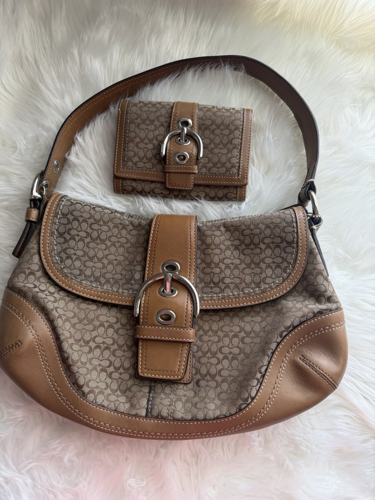 Coach Soho Sign Hobo Bag Brown Canvas Leather Shoulder Purse F10926 with Wallet