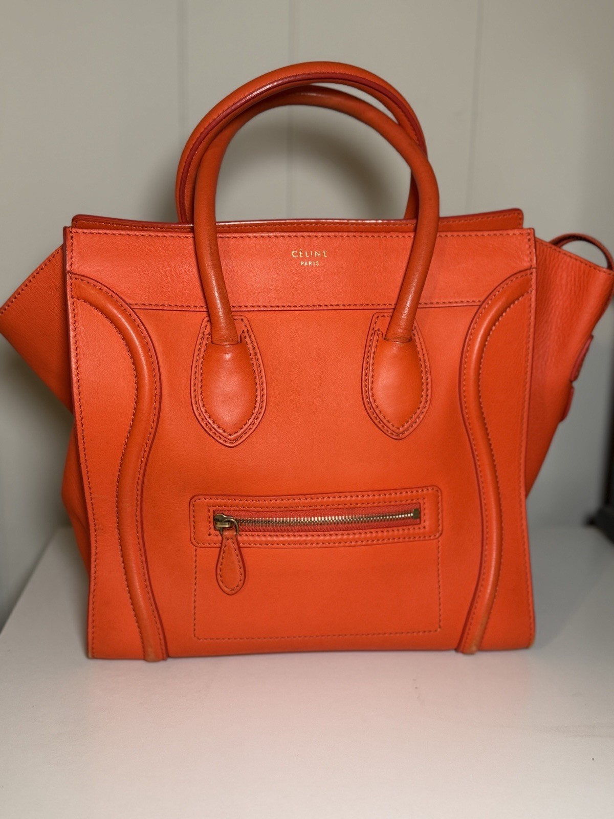 Orange Celine Mini Luggage Tote Bag With COA