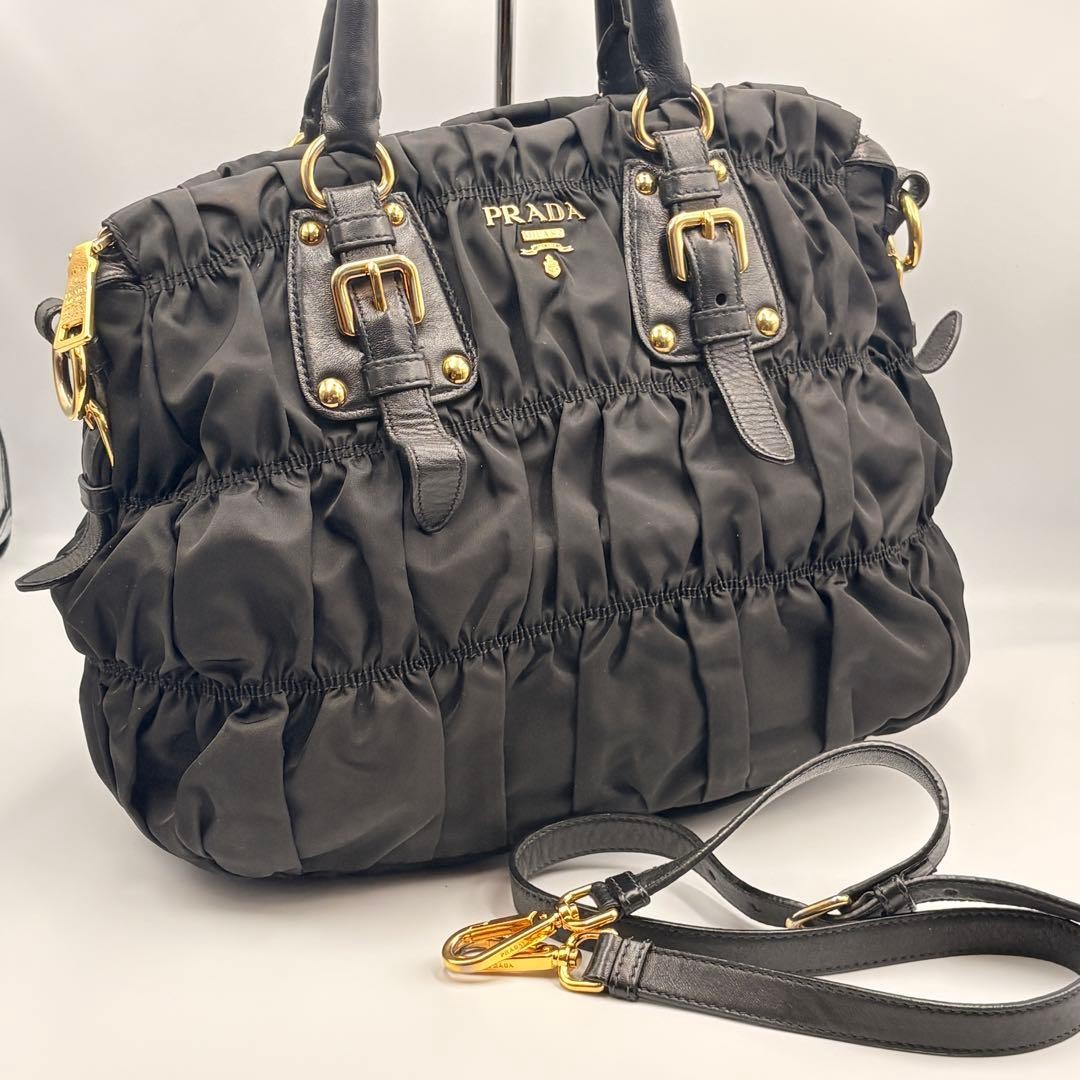 PRADA Nappa Gaufre Tessuto 2WAY Handbag Gathered Black Classic