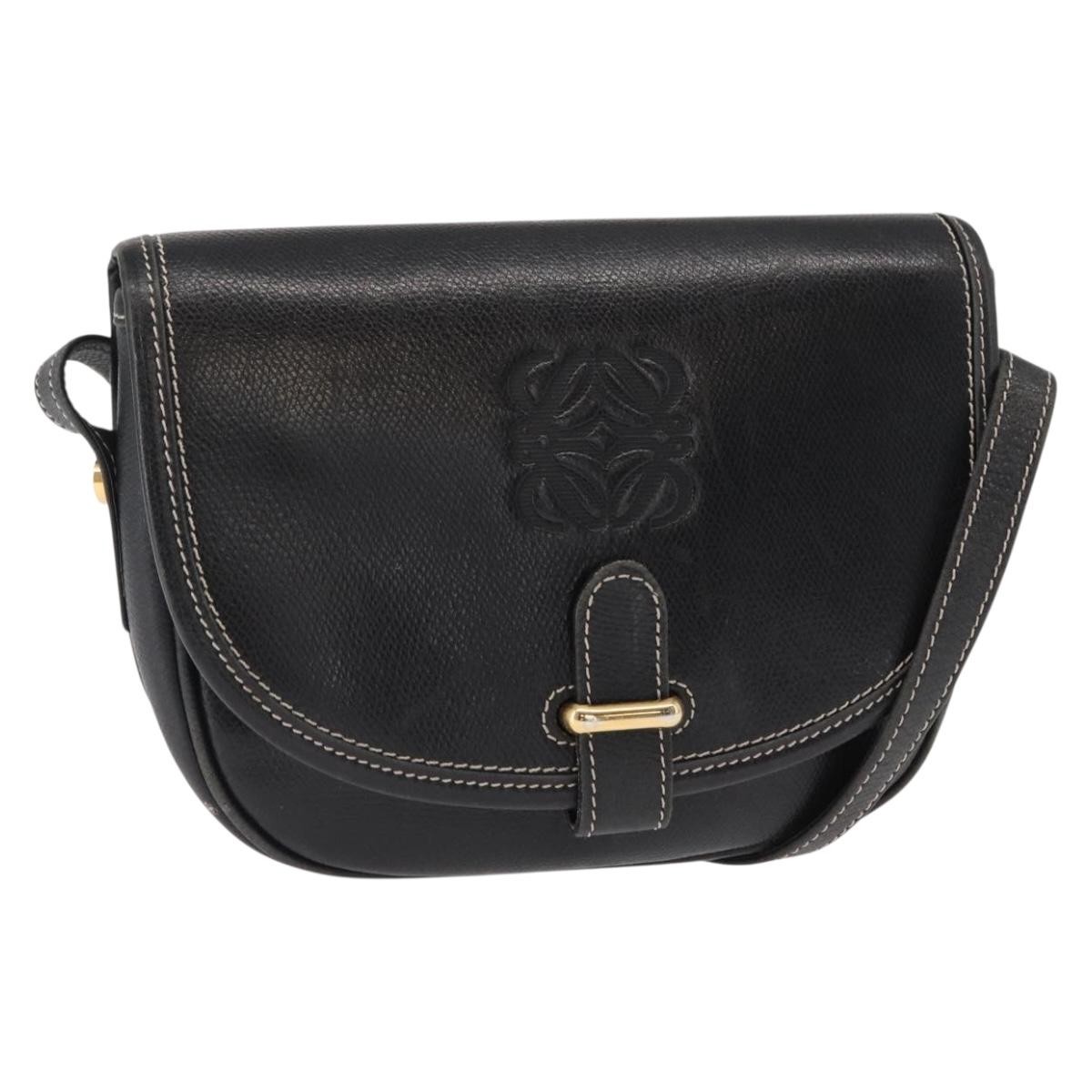 LOEWE Anagram Shoulder Bag Leather Black Gold Auth ep12382