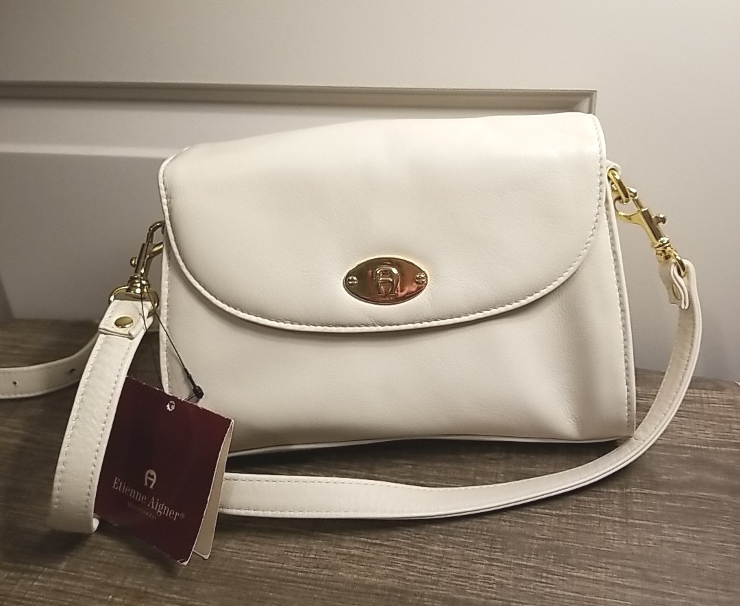 Etienne Aigner Leather Ivory Handbag with Crossbody Adustable Strap Gold Accents