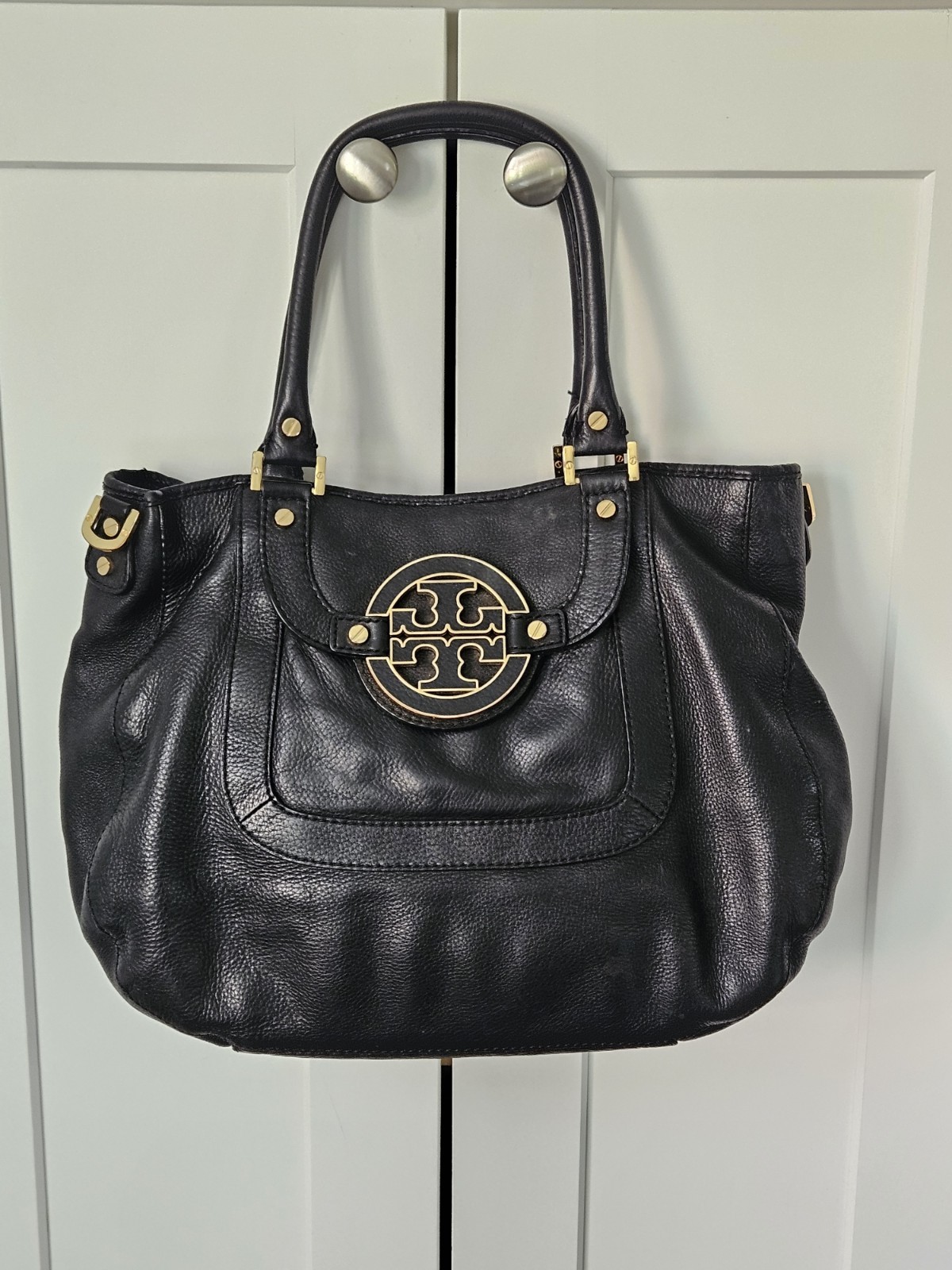 TORY BURCH Amanda Leather Tote Bag Black w Gold Hardware Preloved Large Bag