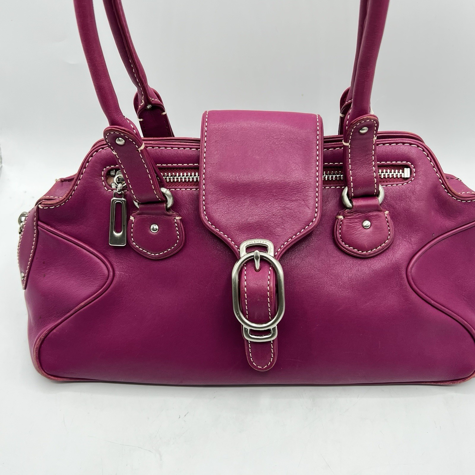 Cole Haan Alexa Fuschia Leather Buckle Flap Closure Zipper Satchel Bag