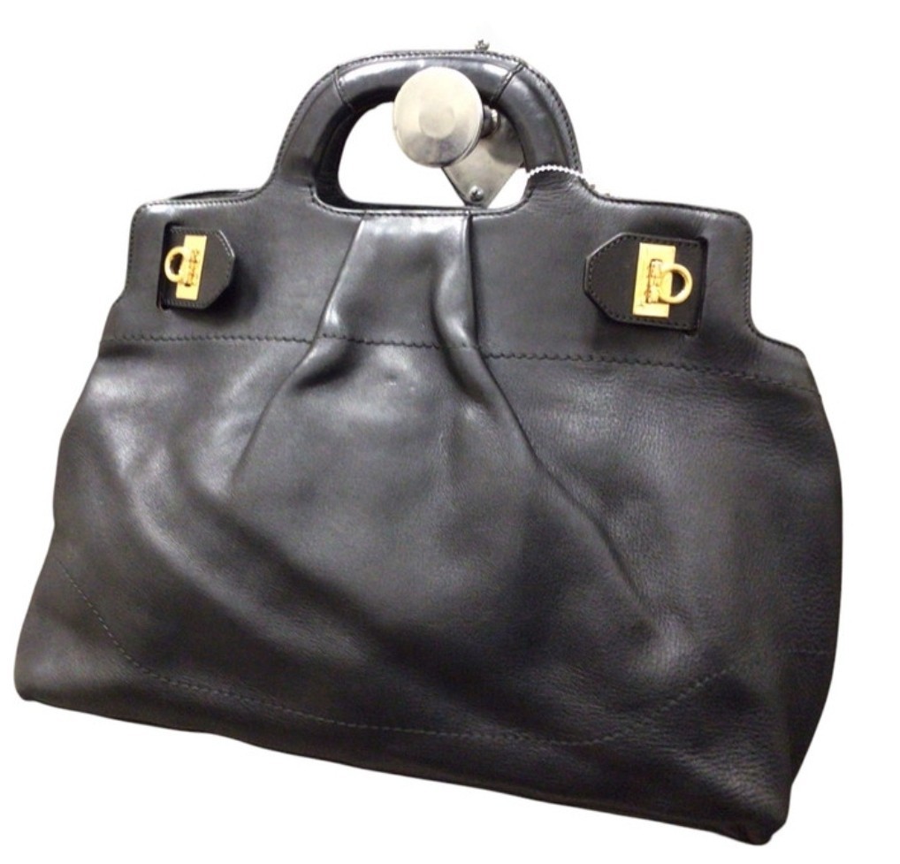 Salvatore Ferragamo Leather Handbag Purse Black with Gold Accents