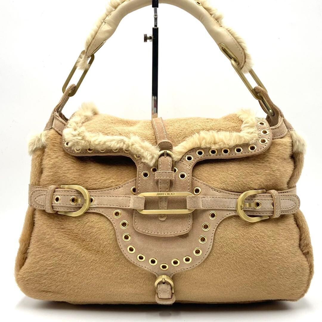 Jimmy Choo Fur Harako Leather Shoulder Bag Light Brown Beige Gold Auth