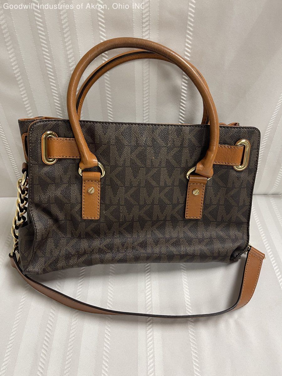 Michael Kors Brown Monogram Hamilton Satchel Handbag Gold Hardware COA