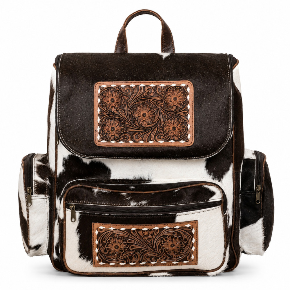 Hair On Cowhide Leather Backpack Western Tooled Travel Rucksack Women Bag