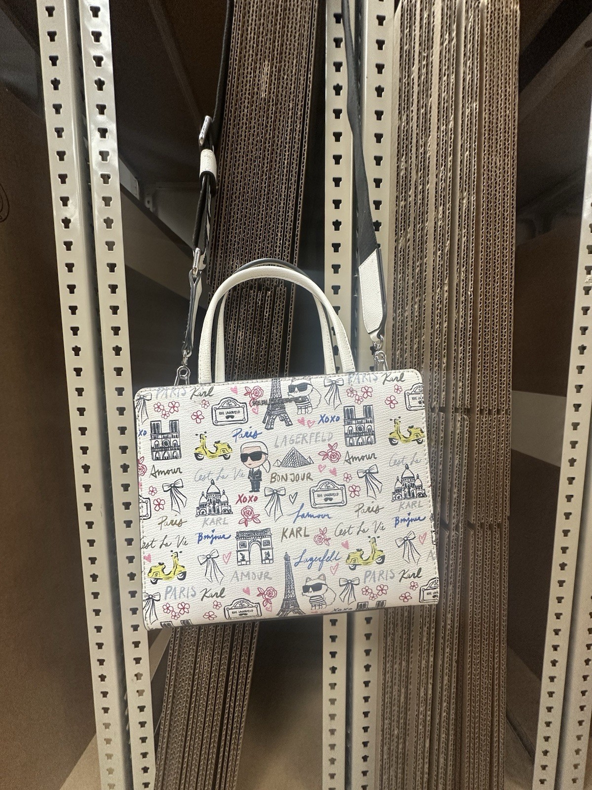 Karl Lagerfeld Graphic Print Zip Satchel, White, Adjustable Crossbody Strap