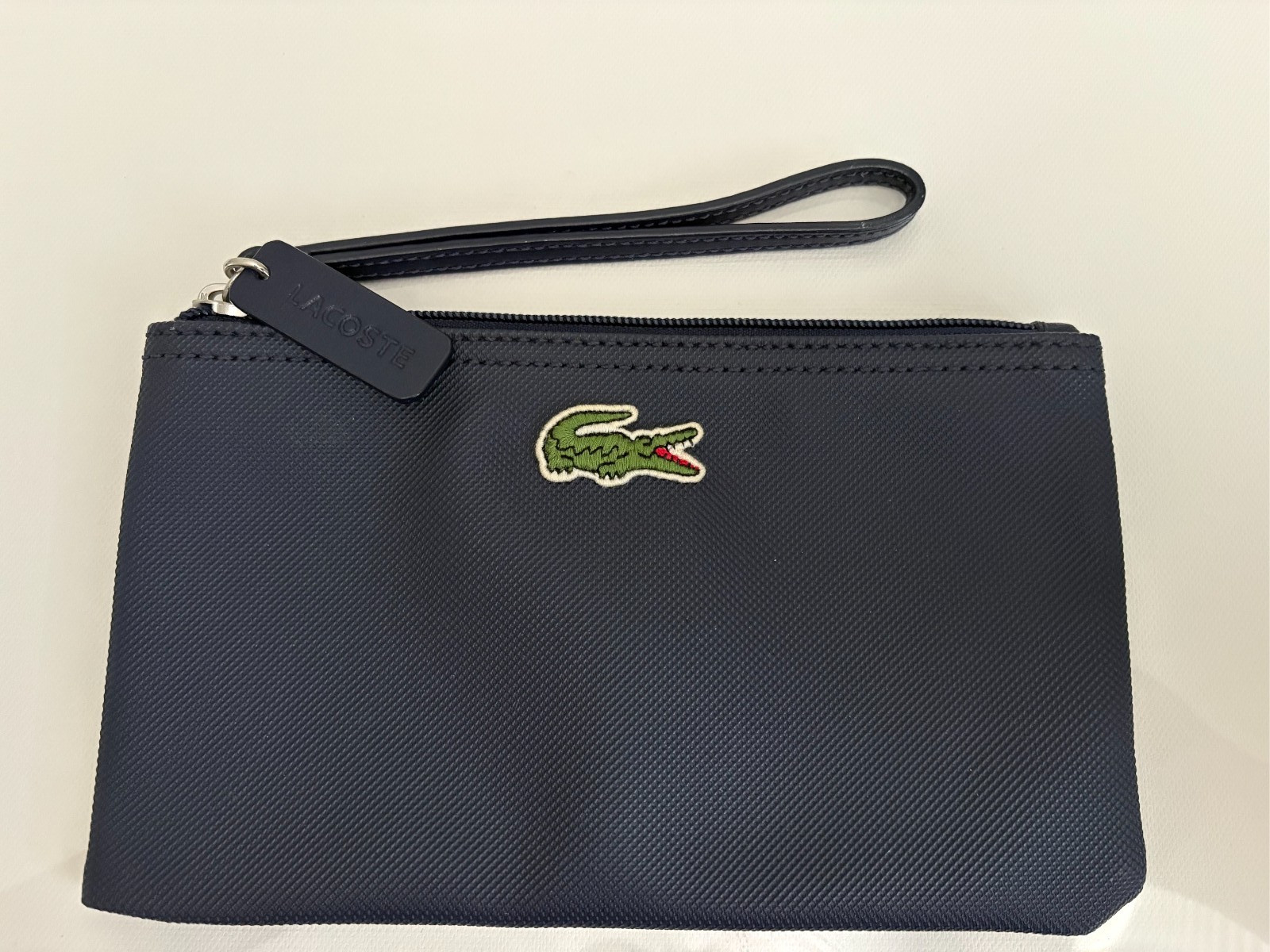 Lacoste Zip Pouch Wristlet Navy Blue Piqué PVC Croc Logo Clutch Bag Wrist Strap
