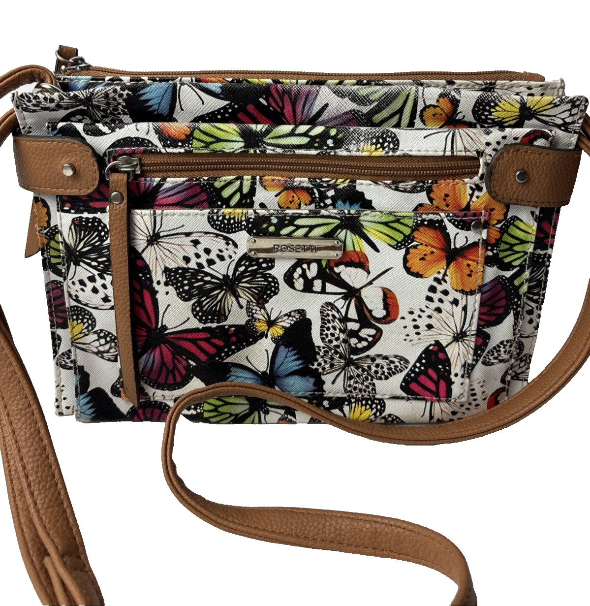 Rossetti Multicolor Butterfly Crossbody Organizer Handbag Purse 7.25″ X 10.5″
