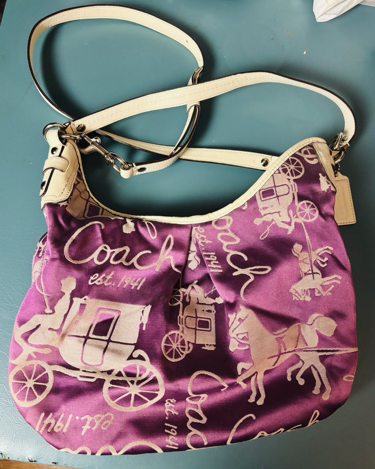 Coach purple satin Horse and Carriage hobo shoulder bag with white leather trim