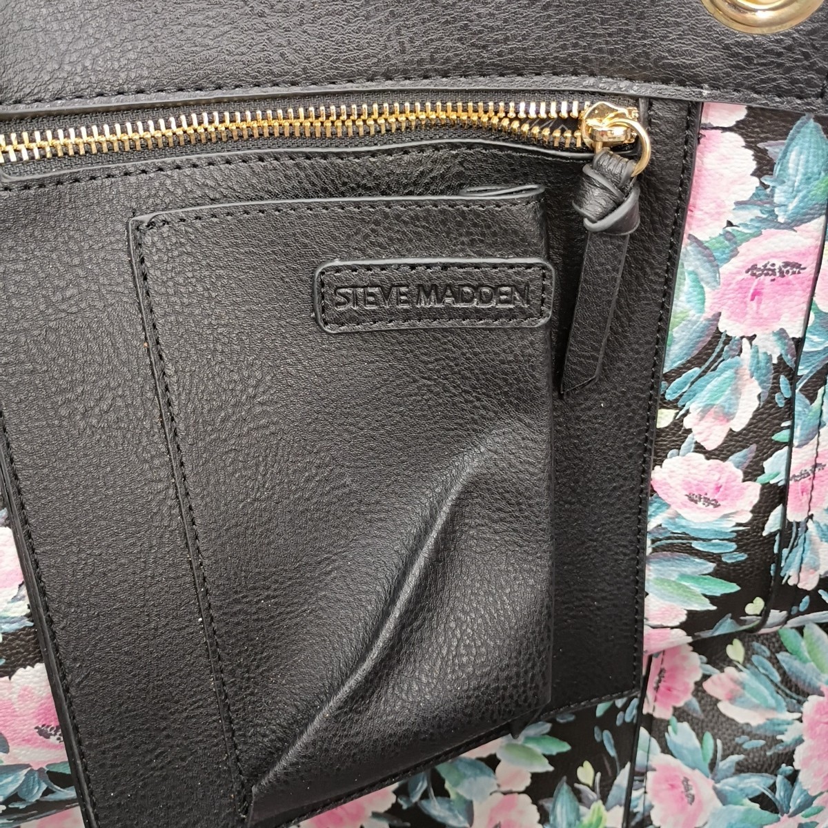 Steve Madden Bwilde Faux Leather Black Flat Tote Purse Pink Green Floral Big