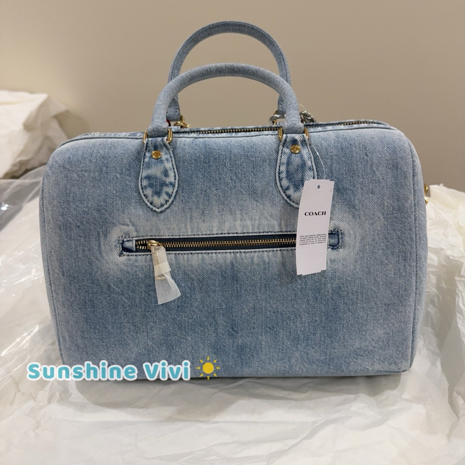 NWT Coach Large Rowan Satchel Bag in Loved Denim With Charms CDY75