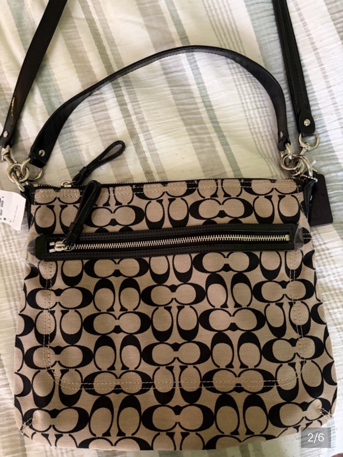 Coach Signature C Poppy Shoulder Bag Purse Zip Top Khaki/Black Silver HW