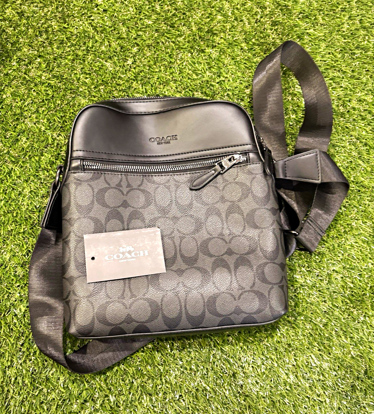 Coach Signature Logo Small Crossbody Bag Black/Gray Zip Adjustable Strap Card