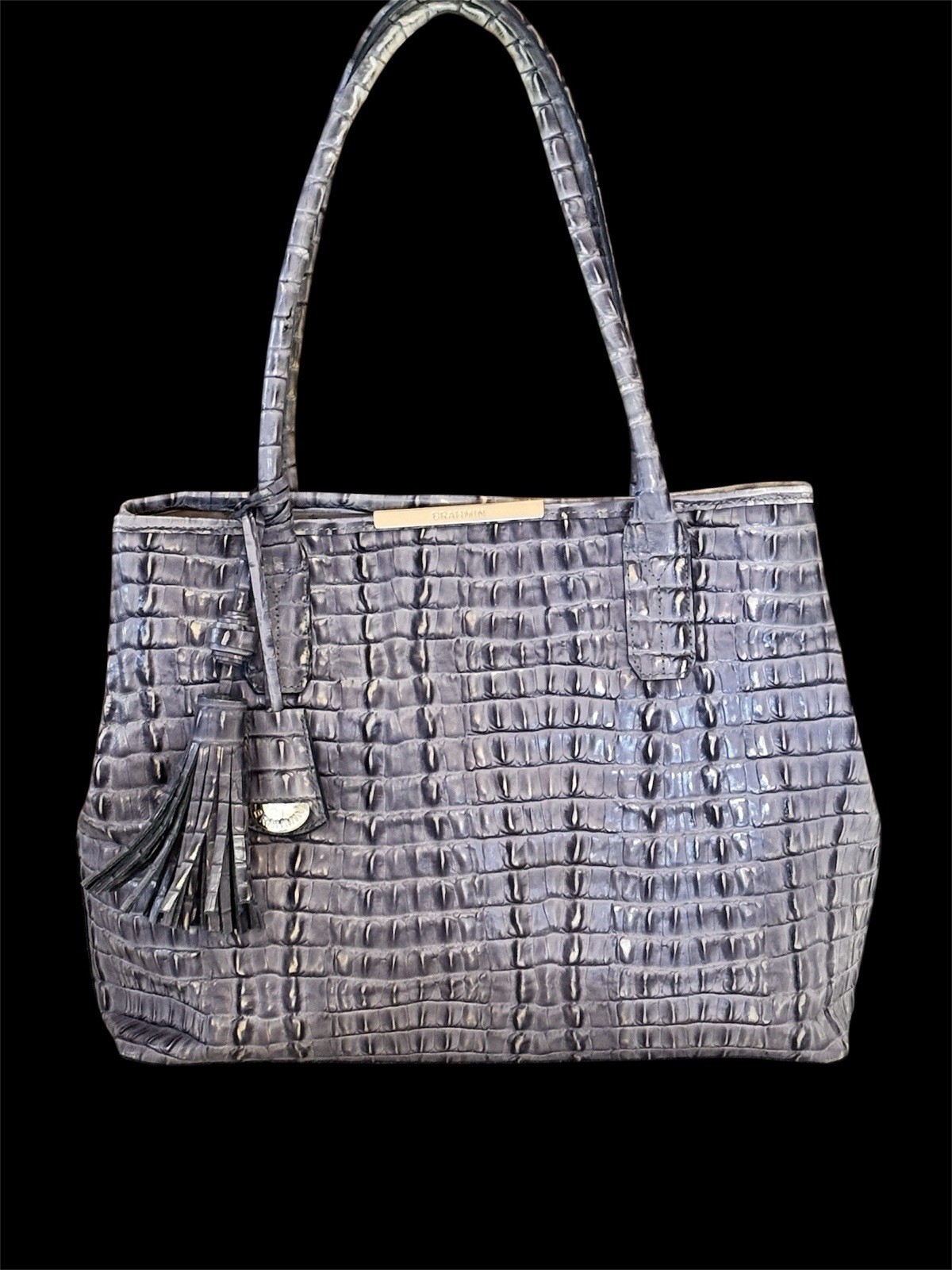 Brahmin Strada Anytime Expandable Tote Gray Croc Pattern Leather 14 X 10 X 6