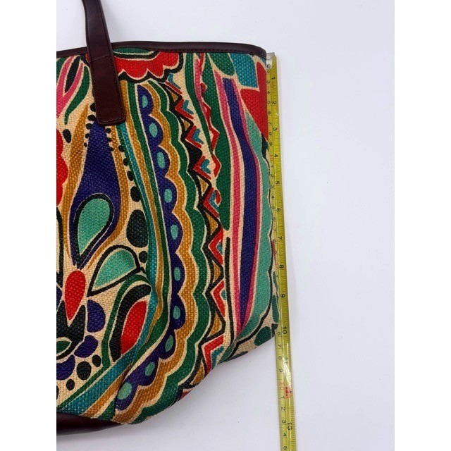 Neiman Marcus Multi Color Abstract Floral Burlap Tote Bag Brown Trim Large
