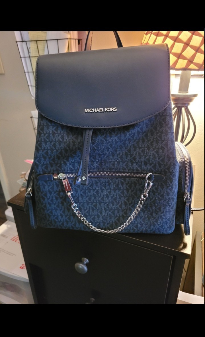 Michael Kors Women Monogram Drawstring Backpack Adjustable Strap – Blue
