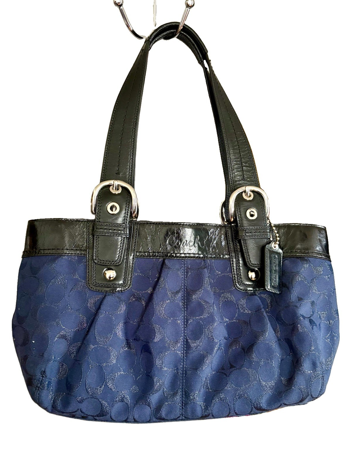 Vtg Y2K COACH Soho Sig. Pleated Shoulder Tote Bag Navy Blue BLK F16044 PRISTINE