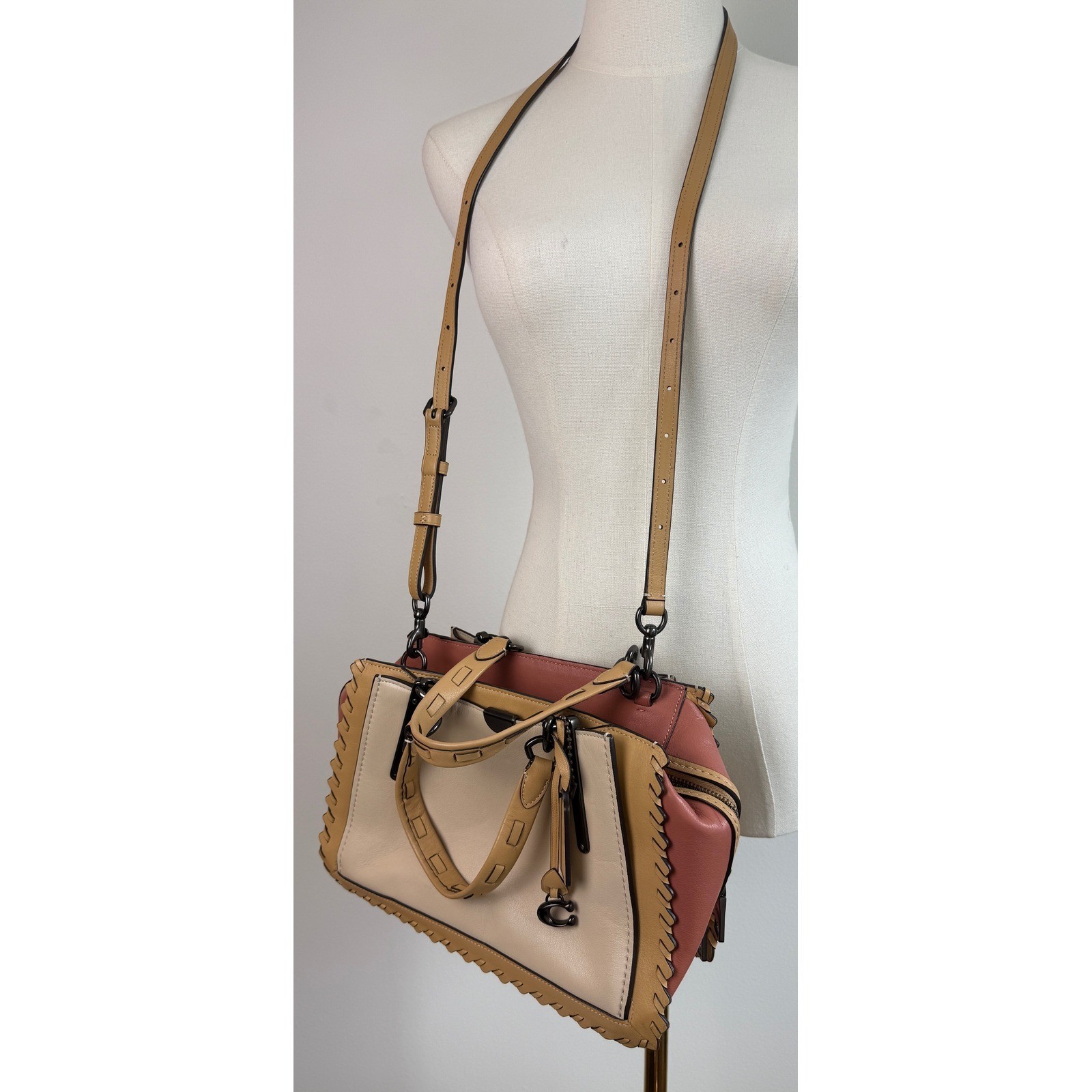 Coach Dreamer 21 Satchel Women Small Cream Tan Pink Whipstitch Leather Handbag