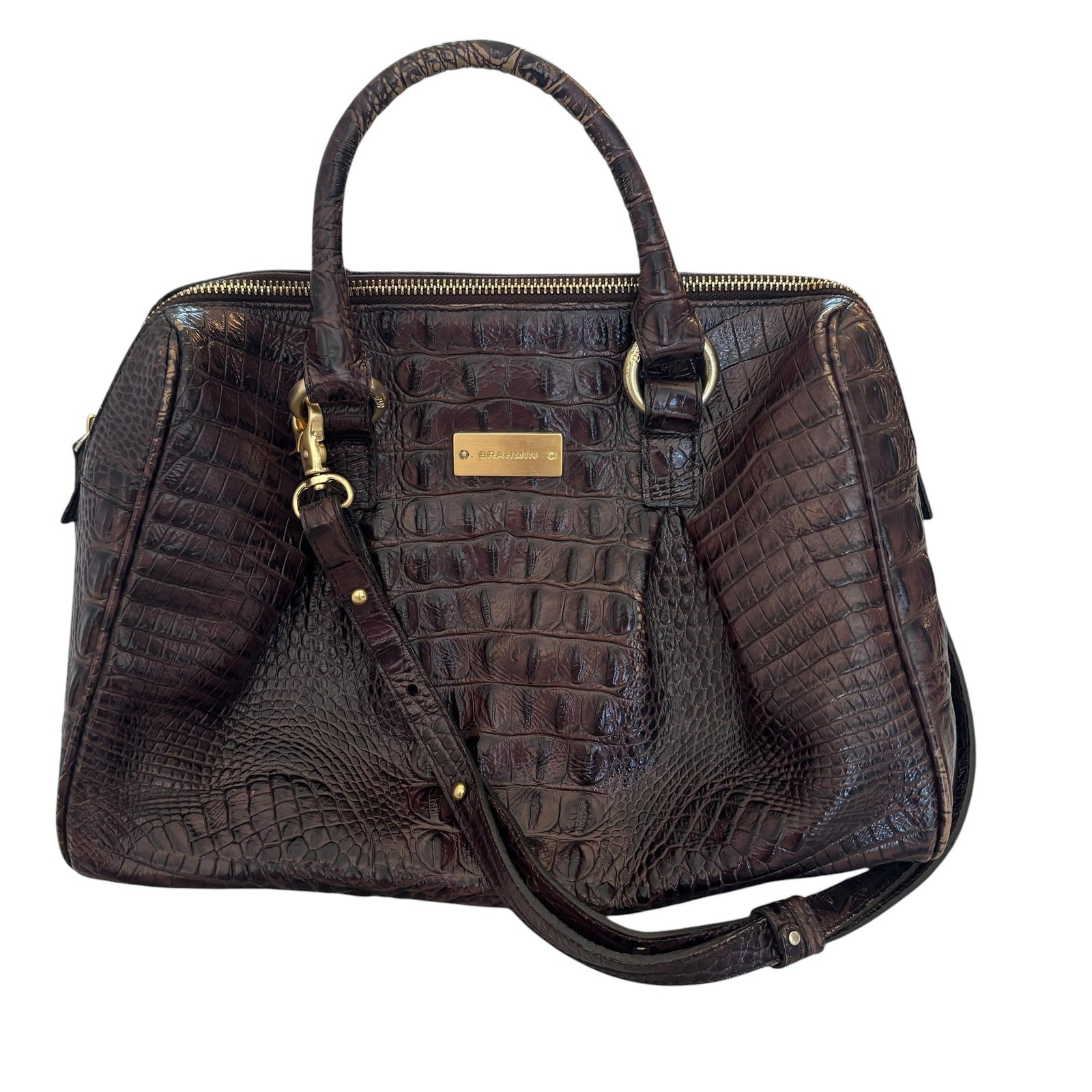 Brahmin Croc Embossed Satchel Crossbody Bag Womens Medium Brown Leather Classic