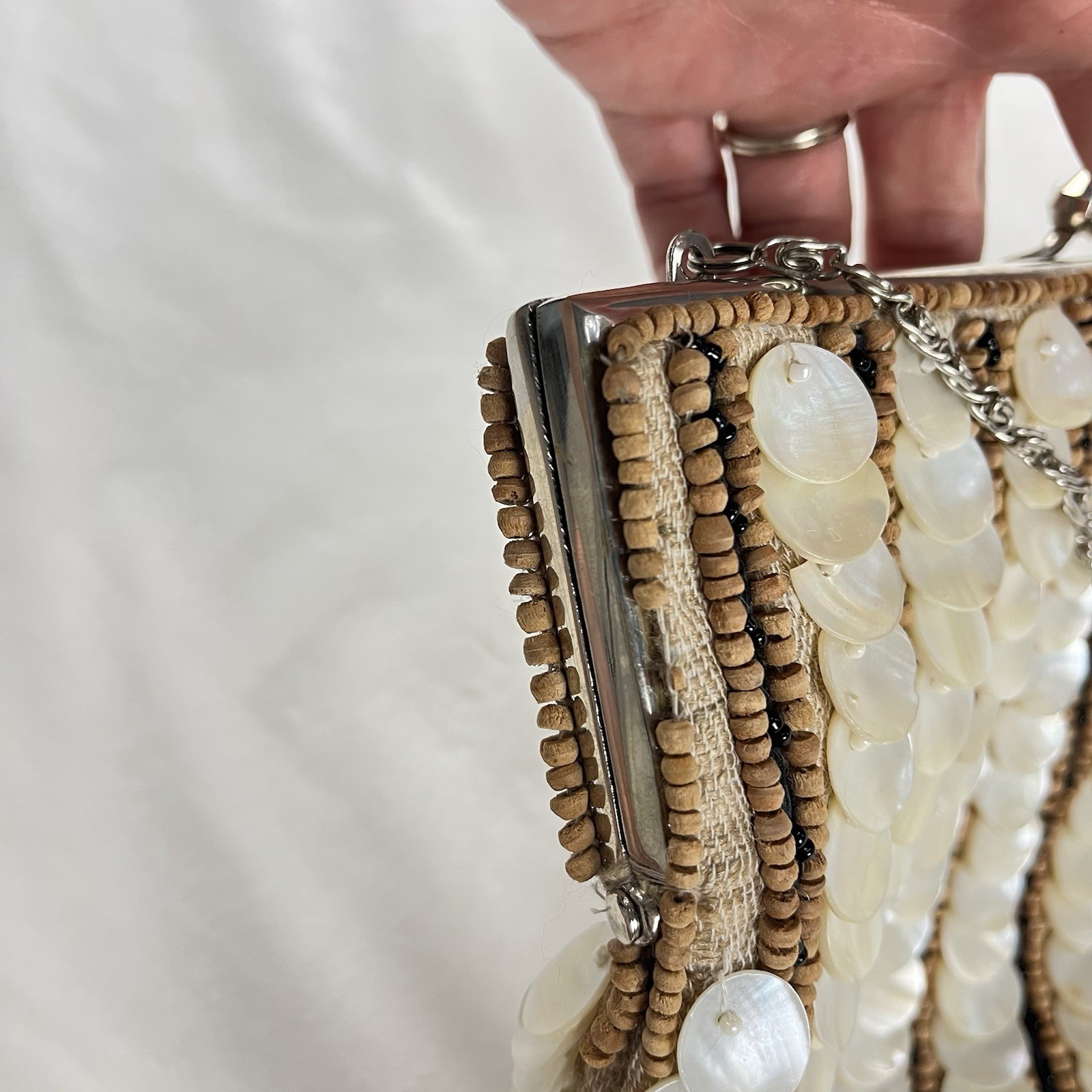 Moyna Mother of Pearl Beaded Clutch Purse Tan Silver Accents