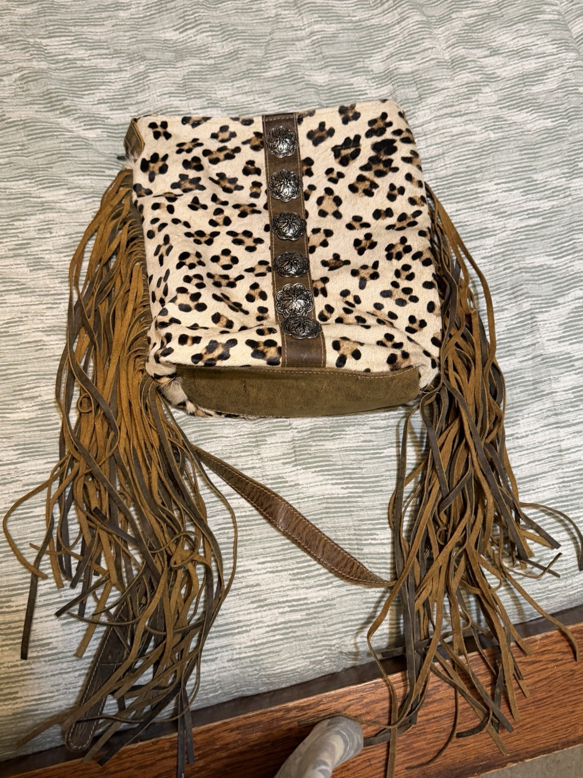 Western Leopard Animal Print Fringe Crossbody Bag Medium Snap Adjustable Strap