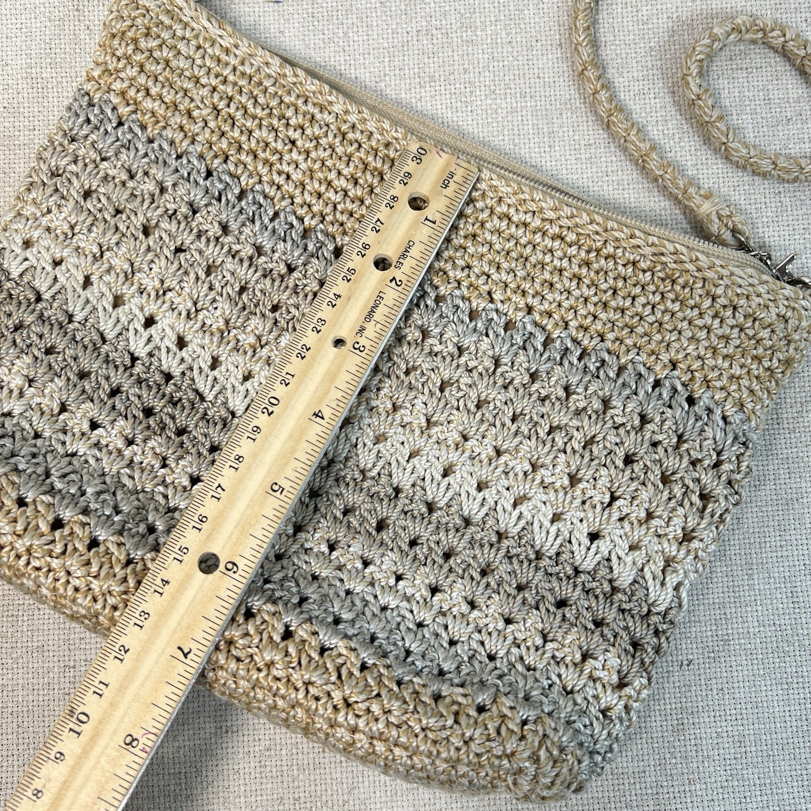 The Sak Tan Woven Crochet Shoulder Bag Purse Zip Top Lined Pockets Charm Boho