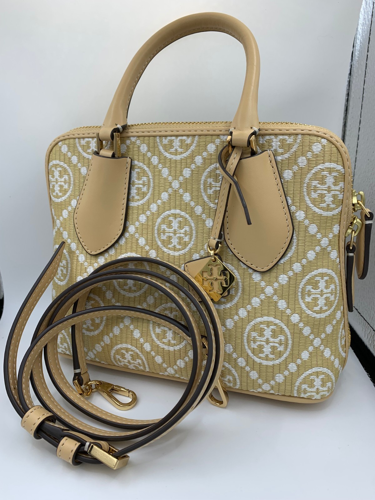Tory Burch Monogram Raffia Mini Swing Bag Natural