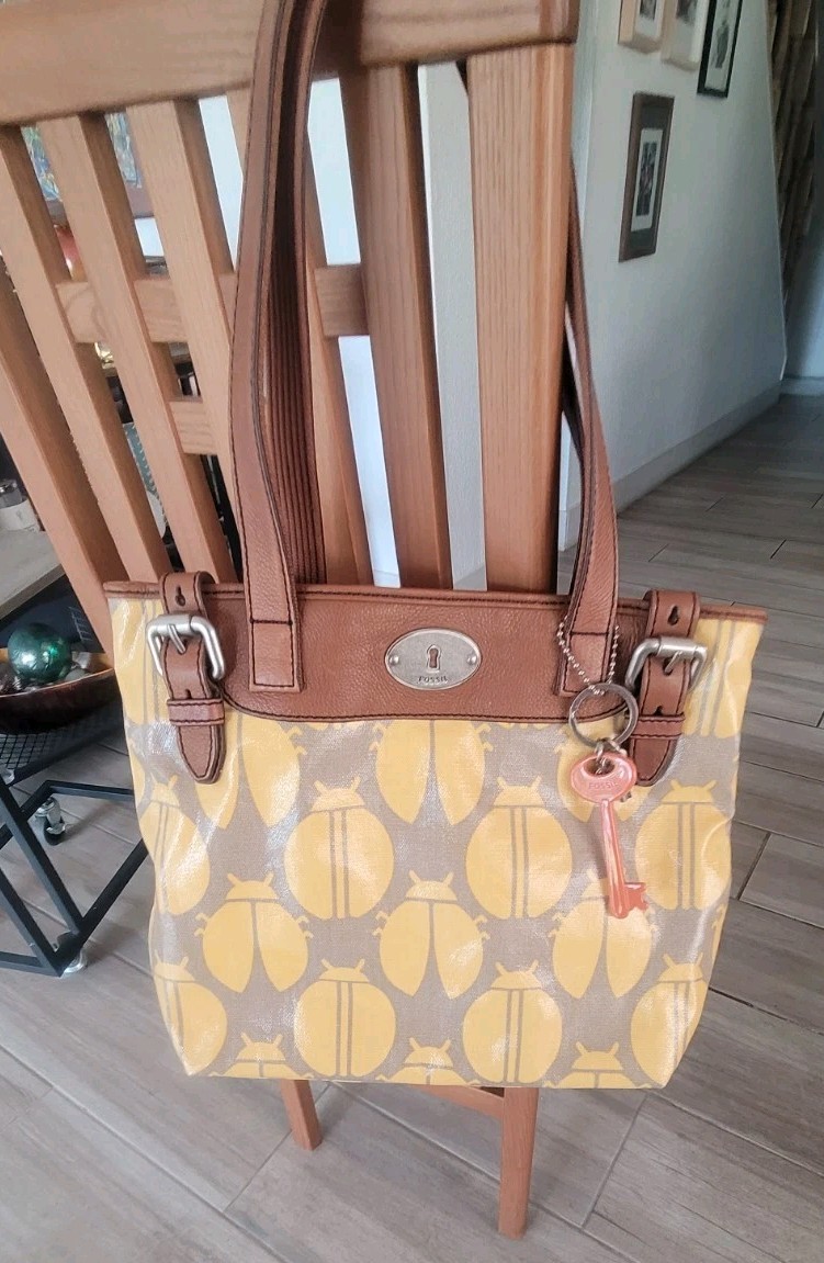 Fossil Key-Per Bag Yellow Ladybug Print Coated Canvas & Leather Shoulder Bag