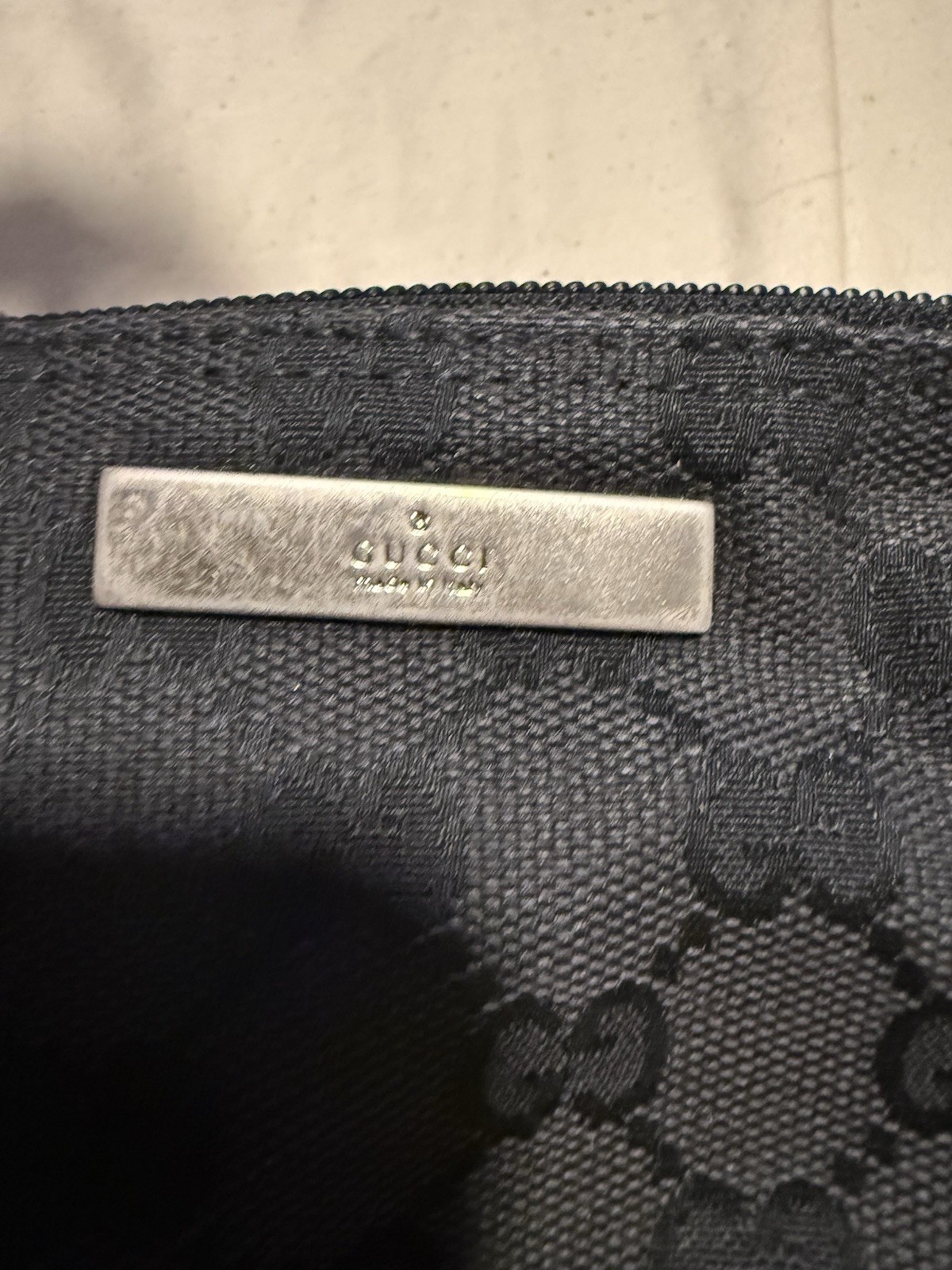 Gucci Black GG Canvas Zip Shoulder Pouch Wristlet Bag w/ Adjustable Strap