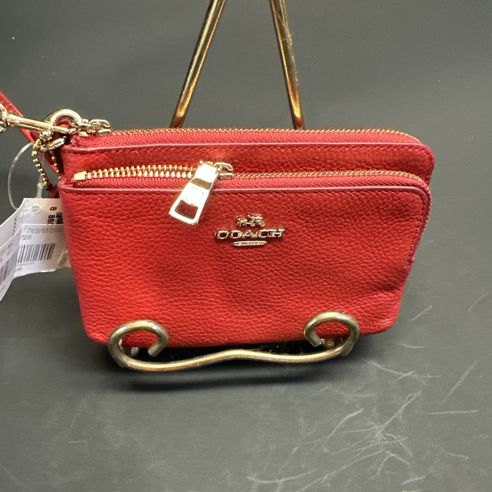 Coach Double Zip Wristlet Red Pebbled Leather Gold Hardware 6648