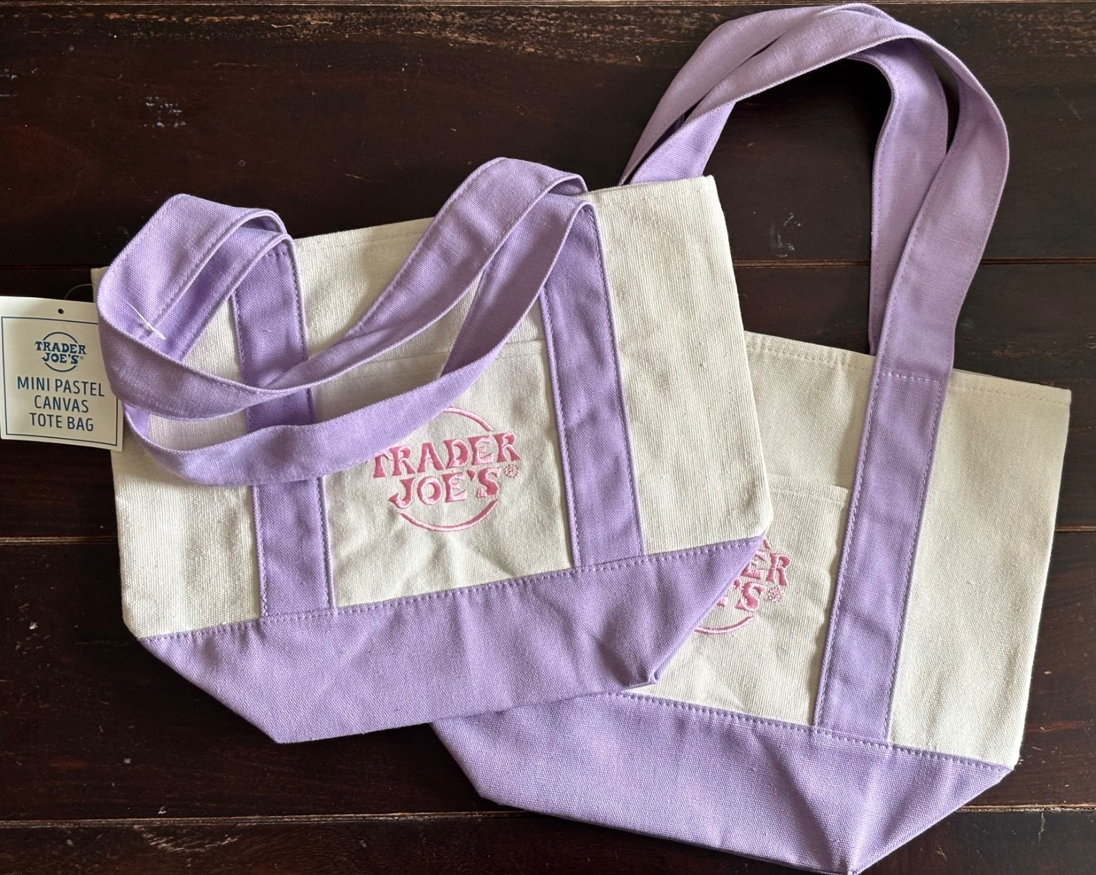 2-PACK Trader Joe’s Mini Canvas Tote Bags Lavender w/ Pastel Pink Stitching NWT