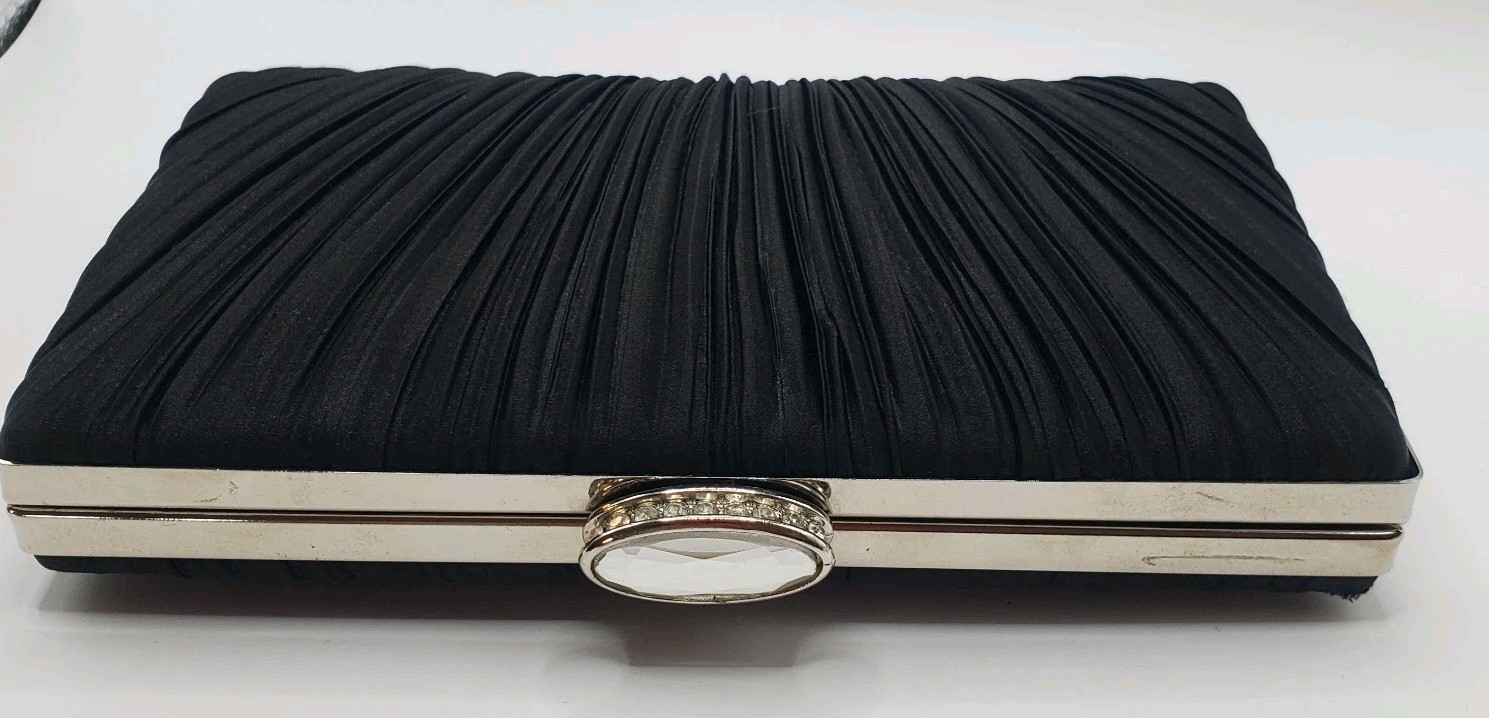 Camille La Vie Clutch Black Satin & Rhinestone Clasp Optional Crossbody Chain