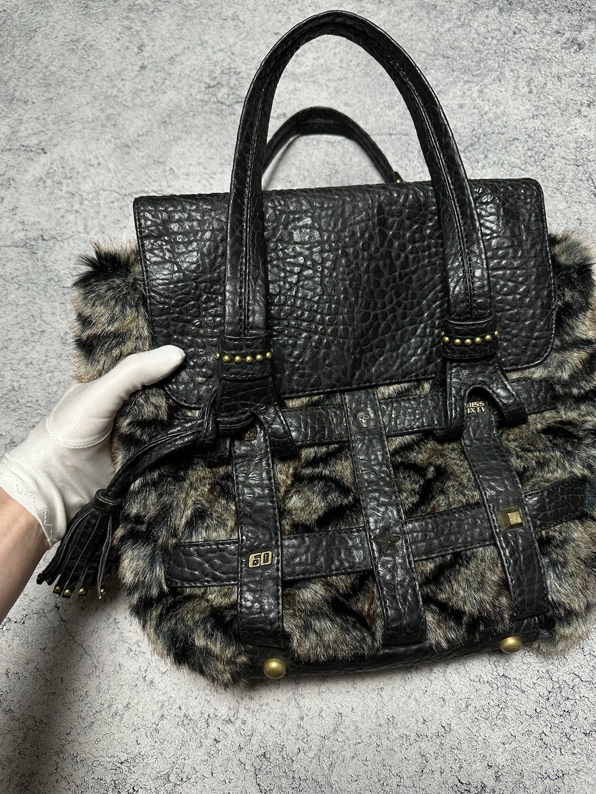 RARE Miss Sixty Vintage Faux Fur Tote Bag Guess Vibe Y2K Grunge