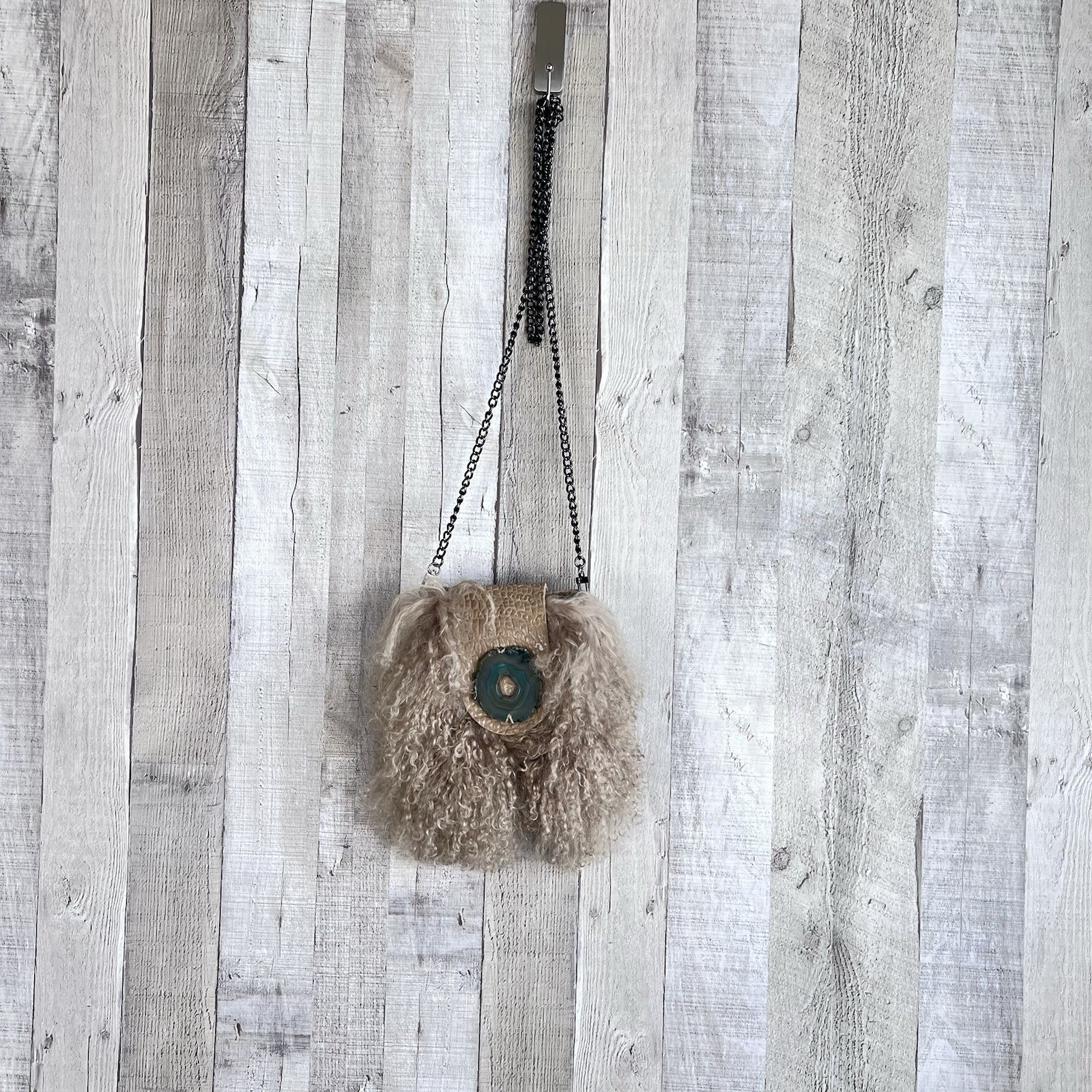 Evoke Real Lamb Mongolian Curly Fur Leather Purse Agate Stone Crossbody Chain