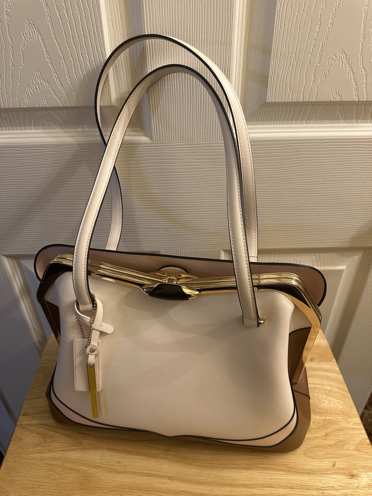 New Cromia Coated Colorblock Brown/Beige/Pink Textured Leather Handbag Satchel