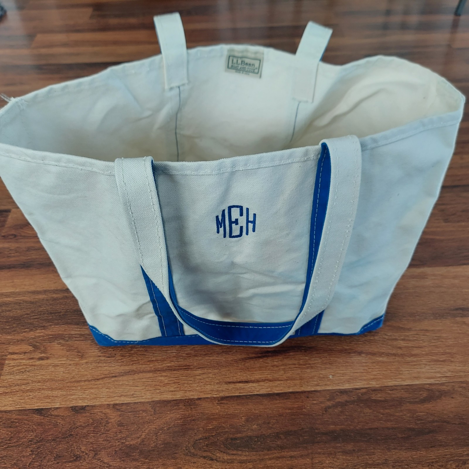LL Bean Boat And Tote Bag Large White And Royal Blue Canvas Bag Some Stains