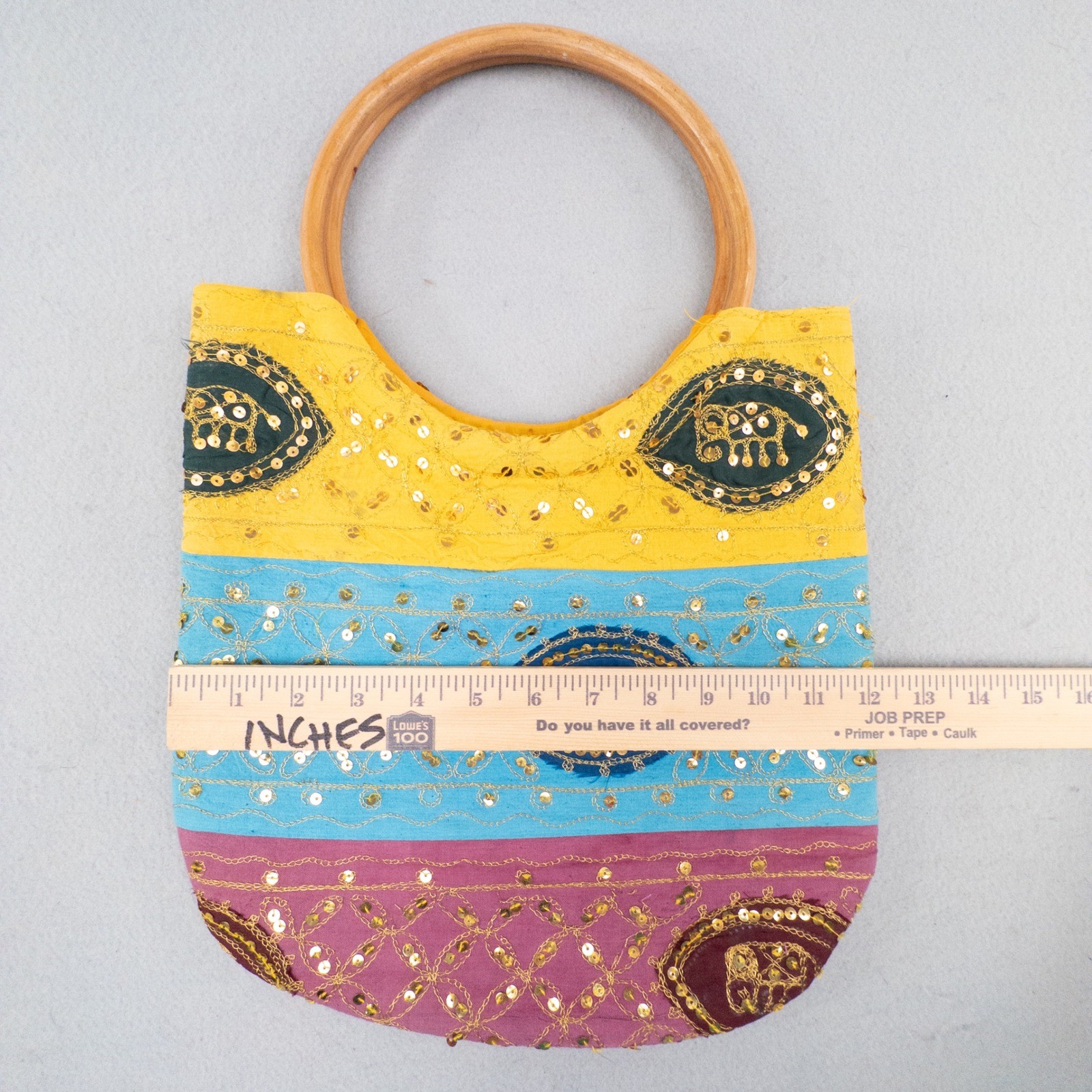 Boho Ethnic Indian Handicraft Sequin Elephant Festival Bag Wooden Handle Tote