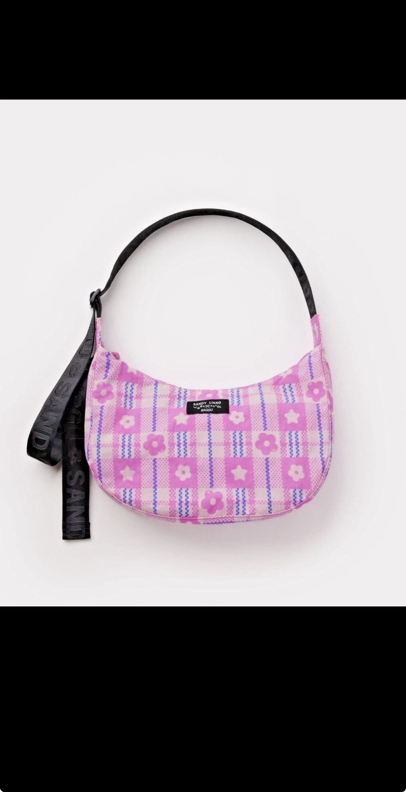 BAGGU X Sandy Liang Medium Nylon Crescent Bag in Market Plaid Pink (Flowers)