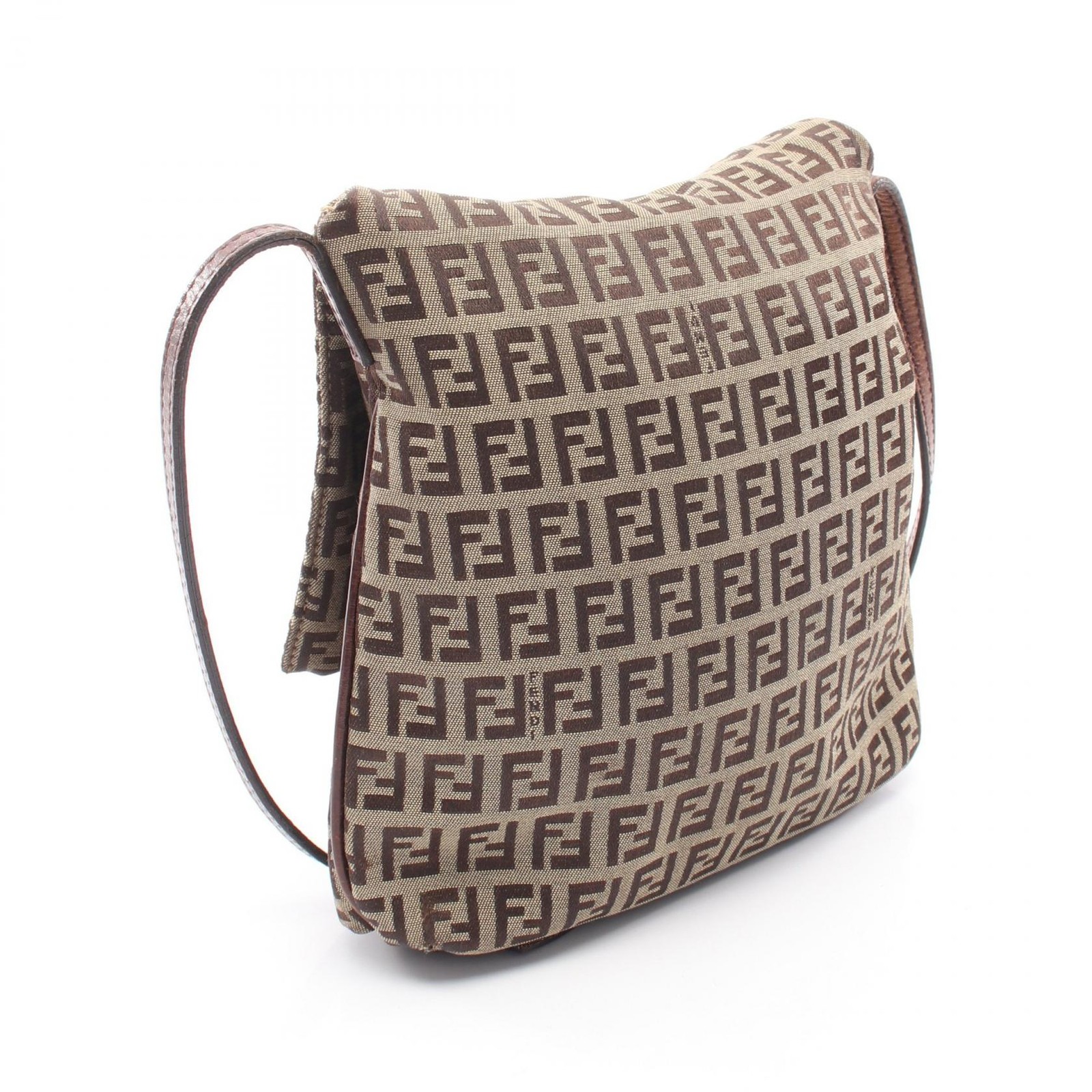 FENDI Zucchino Shoulder Bag 8BT075 canvas leather Beige Brown Used Women