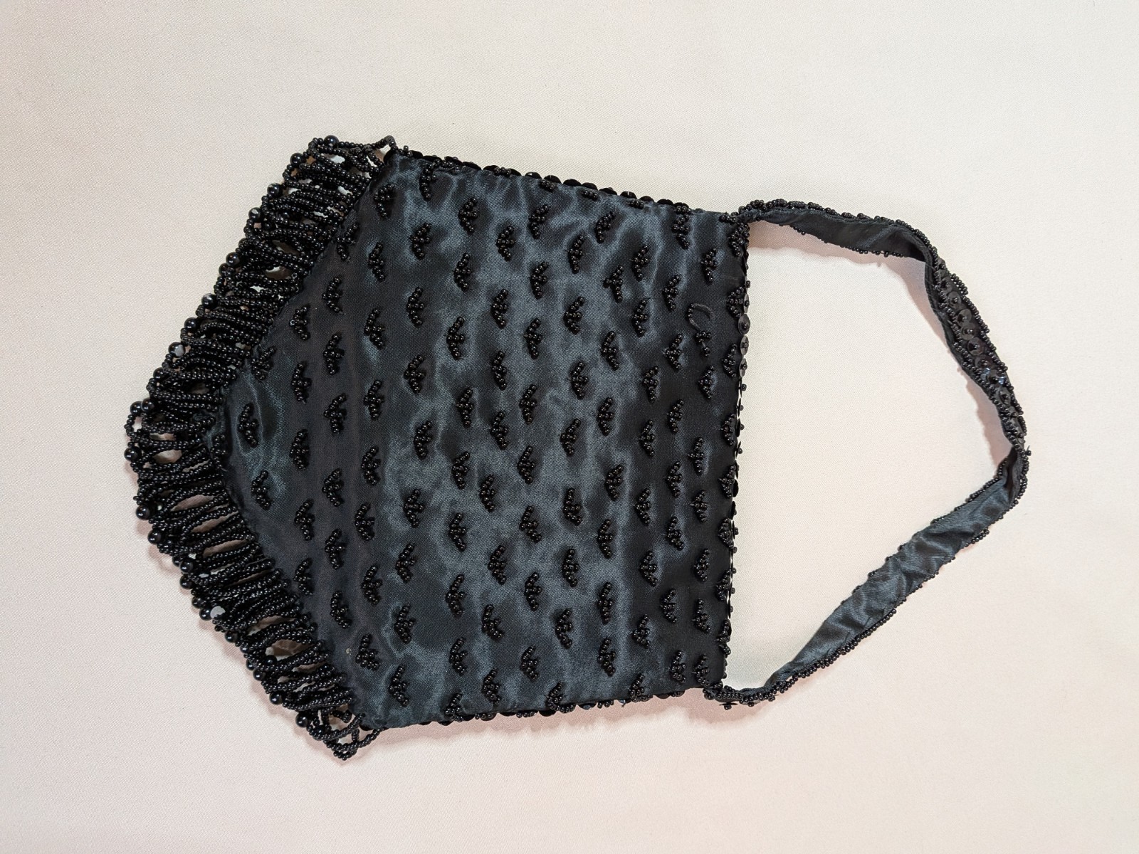 Small Black Purse Beaded Sequins Fringe Trim Flapper Hong Kong Evening Bag Prom