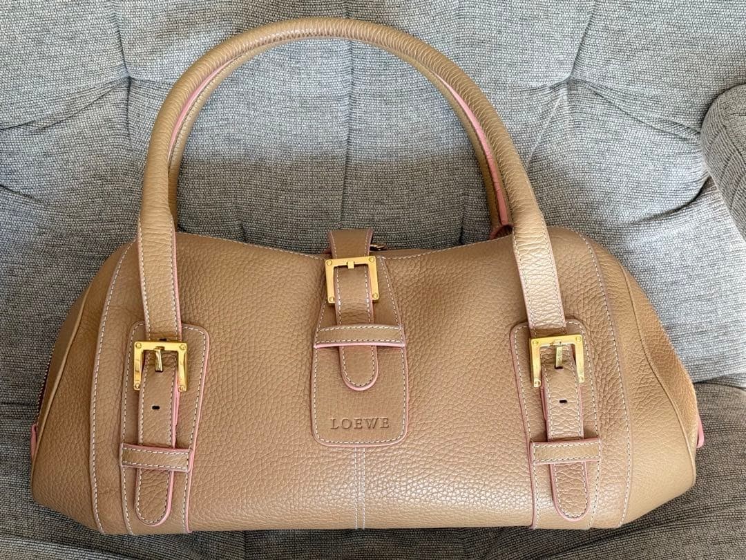 Auth LOEWE Senda Leather Handbag Shoulder Bag Beige Pink Gold Women’s Zipper