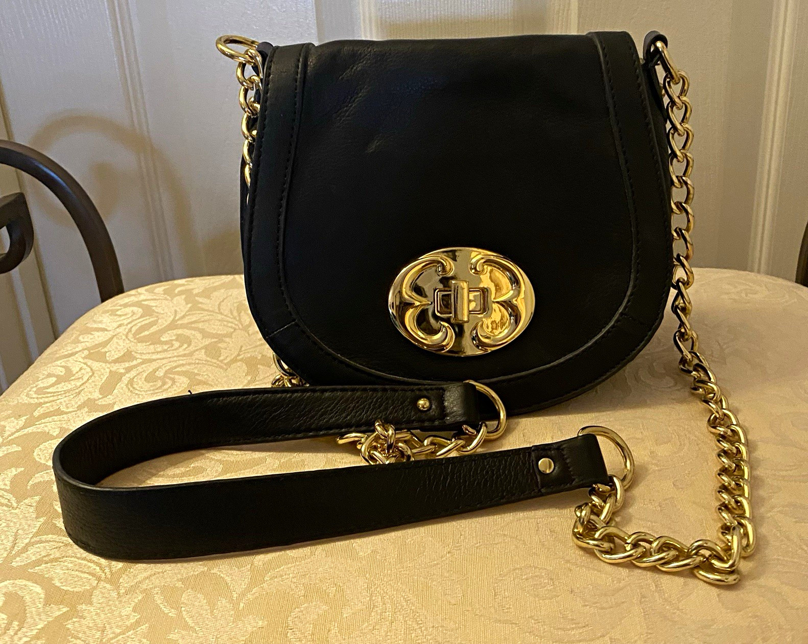 Emma Fox Black Small Crescent Crossbody Bag Gold Chain Turn Lock Floral Lined